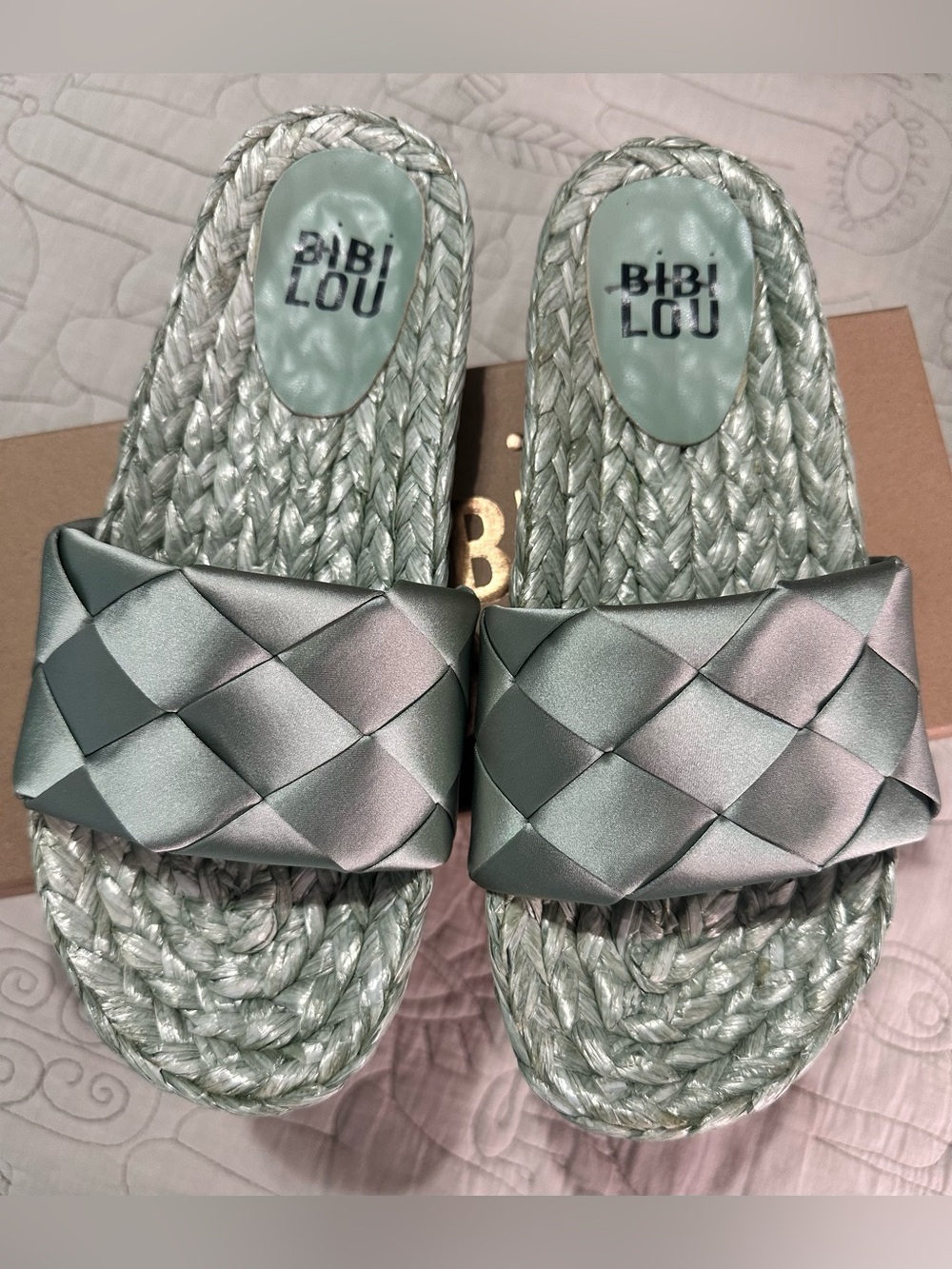 Bibi Lou Slate Satin Slide Sandals NIB EU 37 US 6.5-7 Anthropologie